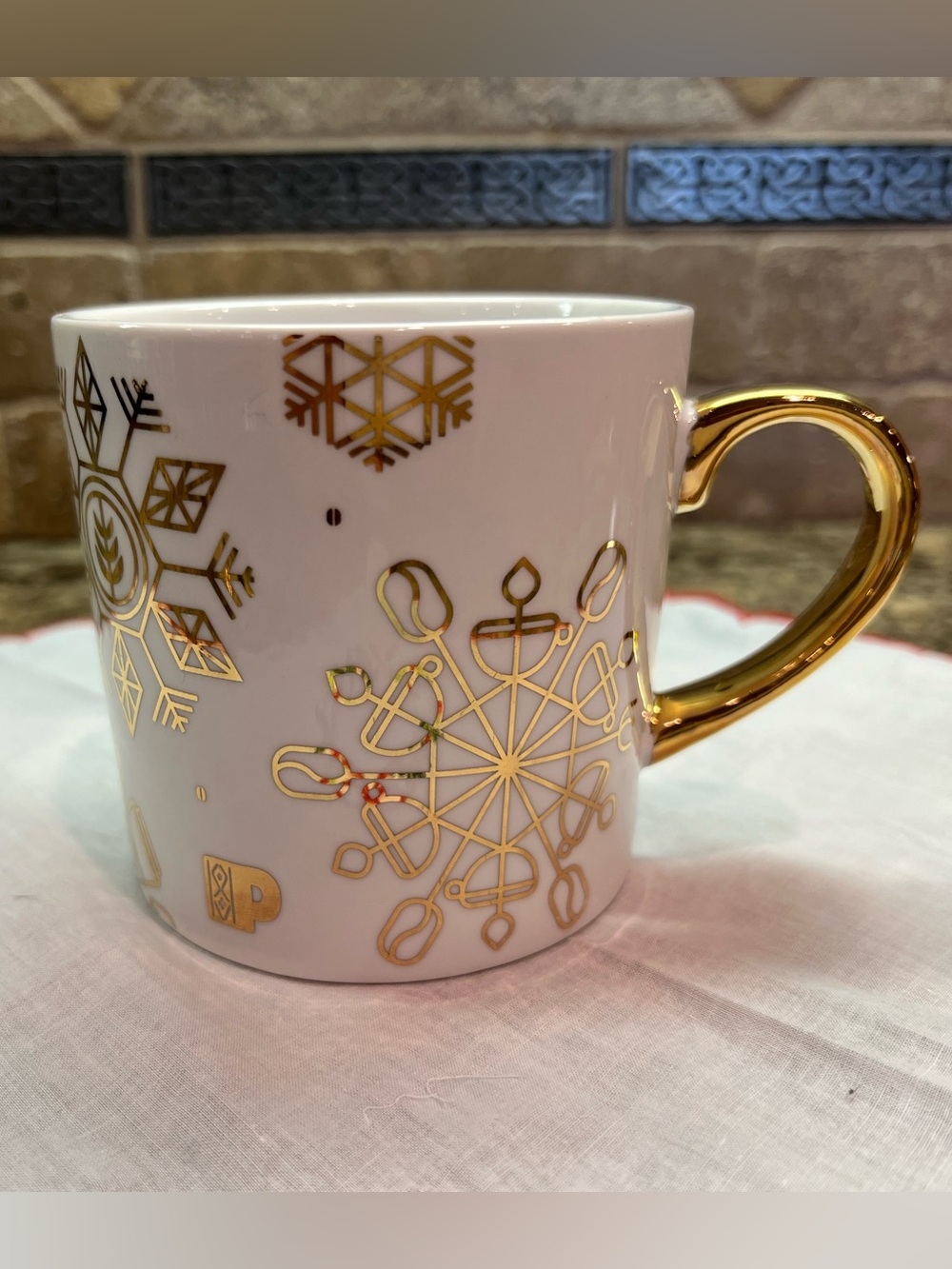 Peet's Coffee 2016 Gold & White Snowflakes Christmas Mug